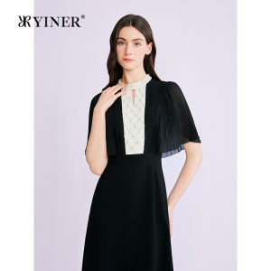 YINER | Colorblock Beaded Acetate Blended Cape Sleeve Dress