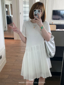 Maxixe plus Size Womens Design T-Shirt Pleated Dress Summer Short Sleeve Loose Midi Skirt Cotton round Neck Commute Style