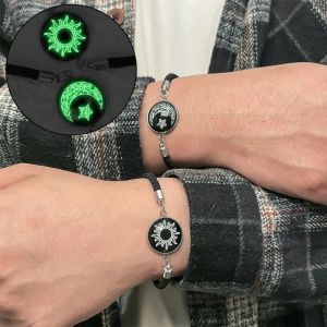 2Pcs/Set Simple Stylish Sun Moon Pattern Woven Bracelet Creative Elegant Black Red Braided Rope Noctilucent Couple Hand Chains