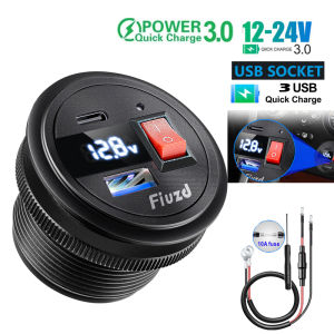 12V USB Outlet 36W Dual PD USB-C Port Quick Charge 3.0 Car USB Charger Socket Power Outlet w/ Voltmeter Switch