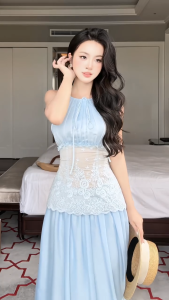 Set áo yếm và chân váy Khiết Style dáng dài bay bổng tone màu xanh pastel dịu mát KS241