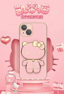 Fashion 3D Hello Kitty Folding Back Hanging Bracket With Mirror Universal Mobile Phone Bracket Simple Cute Cartoon Grip Bracket Phone Expanding Stand Smartphone Phone Finger Holder For iPhone OPPO VIVO Xiaomi Redmi Huawei Infinix Samsung Galaxy