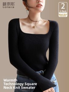 TONERCE | Black Versatile Square Neck Knitted Slimming T-shirt