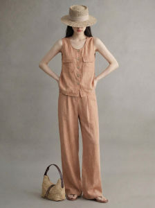 GULILI | Shallow Orange Sleeveless Vest Wide Leg Pants Linen Summer Outfit 2pcs Set