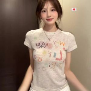 Áo Thun Nữ Tay Ngắn in Chữ Graffiti American Hot Bé Gái Mùa Hè Thiết Kế Đi Làm Đa Năng in Chữ Thời Trang Thường Ngày