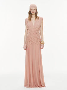 French Luxe Style Deep V Neck Wrinkle Sleeveless Dress