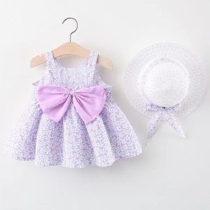 0-3-Year-Old Baby Clothes Summer Seaside Vacation Childrens Dress Floral Sleeveless Bow Girl Princess Dress+Hat