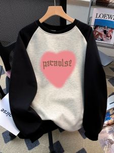 เสื้อฮู้ดผู้หญิงแขนยาวบุขนแกะพิมพ์ลายหัวใจแบบหลวมๆ ทรงหลวมๆ ฤดูใบไม้ร่วง/ฤดูหนาว เสื้อผ้าทำงานสไตล์เกาหลี