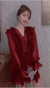 B9398 เดรสระบายอกแต่งสานเชือกผูก Ruffled neckline dress with weave tie