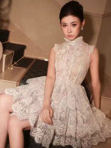 French Handmade High-Definition Lace Puffy Skirt Womens New 2025 Sleeveless Stand Collar Princess Dress Birthday Ball Gown