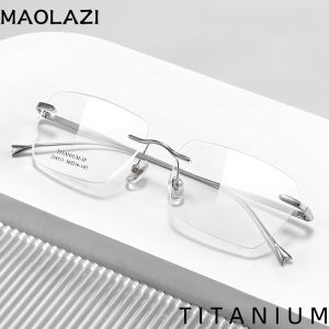 MAOLAZI Fashion Ultra Light Glasses Retro Square Titanium Rimless Eyewear Prescription Eyeglasses Frame For Men Women 234510WK