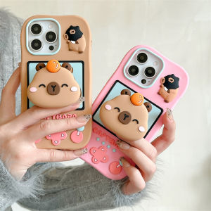 3D Cartoon Capybara Stand Phone Case For iPhone 16 15 14 13 12 Pro Max 14 15 Plus 11 Soft Silicone Shockproof Back Cove