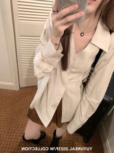 Womens Slim Fit Shirt V-Neck Layering Top Inner Wear Spring Summer Sun Protection Korean Style Long Sleeve Button up