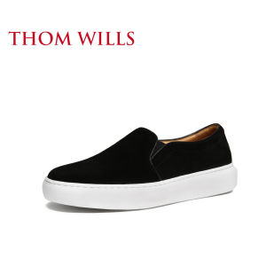 ThomWills Mens Slip-On Casual Shoes Leather Booties Black Flat Heel round Toe Breathable Comfortable Spring Autumn Season
