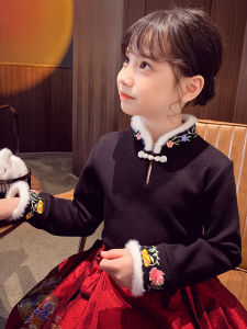 New Chinese Style Girls Fleece Lined Embroidered Top Childrens T Shirt Winter Wear 2024 New Arrival Soft Cotton Long Sleeve