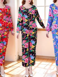 Spring Summer Cotton Silk Loose Long Sleeve Long Pants Set Big Flower Pattern Two Piece Suite Ethnic National Style Mom Clothes