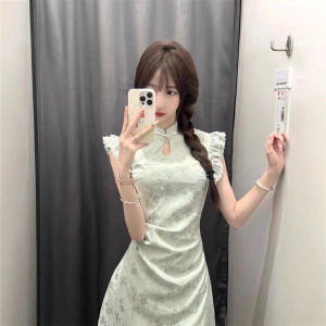 DSF Studio New Chinese Improved Cheongsam Dress Womens Summer Waist Small Flying Sleeves Green Large Size Womens Clothing Premium Spring New