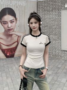 Slim Fit Short Sleeve T-Shirt Womens Vintage Color Block Summer Shoulder Insertion Shirt Cotton Polyester round Neck Short Length