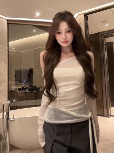 Retro American Long Sleeve Womens T-shirt Early Autumn Uneven Design Sun Protection Slimming Top INS Travel Casual Home