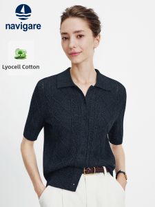 Navigare | Thời Trang Mới Tencel Knitwear Áo Ngắn Tay Cổ Bẻ
