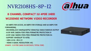 Dahua 8CH 8 Channel 4K 8MP 8 Megapixel Wizsense Face Recognition 8x POE IP Network CCTV NVR Recorder NVR2108HS-8P-I2