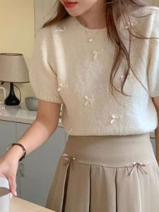 Áo Thun Dệt Kim Cổ Tròn Tay Bồng Màu Trơn Phong Cách Đường Phố Thường Ngày Mùa Hè Tay Ngắn Vải Polyester Không Có Mũ