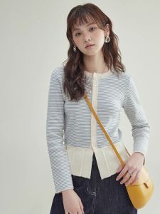 Womens Knitted Long Sleeve round Neck Pullover Soft Gradient Stripe Hemline Design Spring New Style Comfortable Commute Style