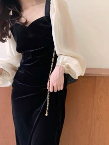 Váy Voan Vuông Cổ Cao Cỡ Lớn Mùa Xuân Thu Phong Cách Hepburn Váy Midi Dài Tay Dài Màu Trơn Cao Cấp Cho Phụ Nữ Trung Niên