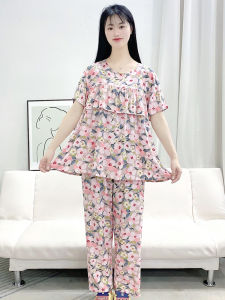 ชุดนอนผู้หญิงผ้าไหมคอตตอนแขนยาว กางเกงขายาว ชุดนอนฤดูใบไม้ผลิและฤดูร้อน 2025 ใหม่ ไม่มีแผ่นรองหน้าอก ชุดอยู่บ้านไซส์ใหญ่
