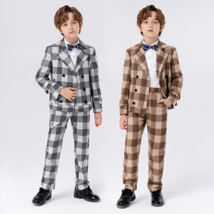 lontakids Boys Plaid Blazer Pants Bowtie Set Formal Suit Classic Kids 3 Piece Long Sleeve Coats Outfits
