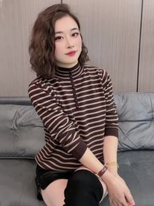 Elegant Half High Collar Knitwear Womens Spring New Korean Fashion Design Striped Shirt Delicate Beautiful Top