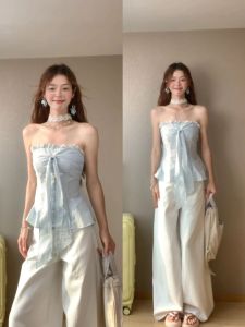French Butterfly Knot Tie Top Women Summer Atmosphere Waist Cinching Slimming Sleeveless Trendy One Shoulder T-Shirt Commute Style
