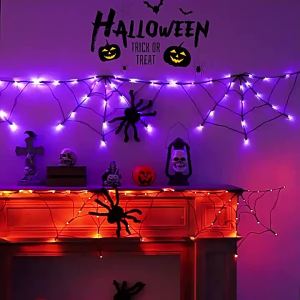 Rèm Mạng Nhện Halloween Với 60 Đèn LED Trang Trí Hình Mạng Nhện Màu Tím Dùng Cho Trang Trí Trong Nhà Ngoài Trời Tường Lò Sưởi Tiệc Tùng