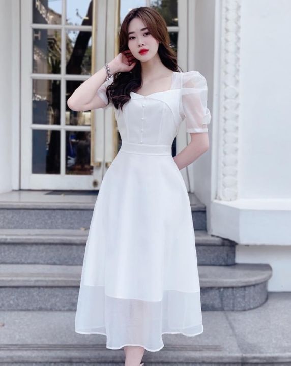 Váy đầm xòe dự tiệc cưới dạ hội màu trắng mẫu mới giá rẻ đẹp có bigsize,  mẫu váy đầm xinh như tiểu thư công chúa THỜI TRANG LÂM AN D30 |