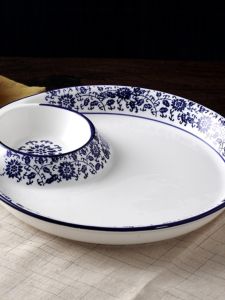 Blue And White Ceramic Dumpling Plate with Vinegar Dish Simple Modern Divided Plate for Home Use Breakfast Special Grids for Eating Dumplings