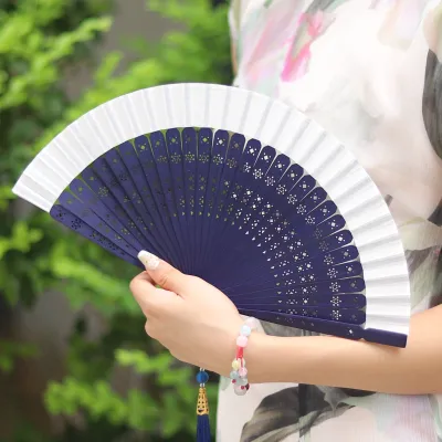 Chinese Ink Bamboo Lace Carved Flower White Green Bamboo Plum Flower Dance Handheld Fan