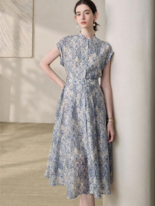 Roey s house | French Print Linen Dress Women Mid-length