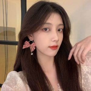 Cute Butterfly Knot Pearl Earrings Simple Retro Japanese Style Grid Design Sweet Girl Heart Ear Clips Fashion Jewelry Accessories