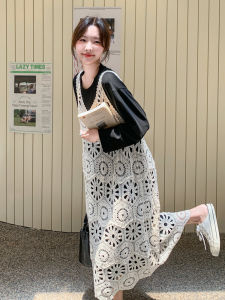 French Style Hollow out Hook Design Dress Black Long Sleeve A-Line Skirt Two-Piece Set Vintage Lazy Style Overlap Dress