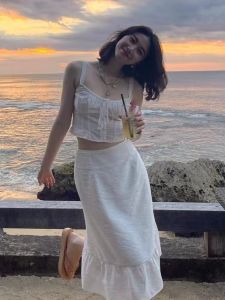 Bộ Hai Món Nút Thắt Bướm Thanh Lịch Trắng Dây Áo + Mini Váy Cotton Vải Bông Pha Trộn Thời Trang Mùa Xuân Dành Cho Phụ Nữ Trẻ