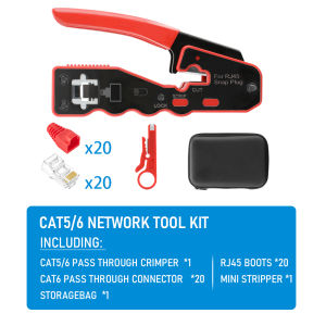 Cat6 Pass Through Network Tool Kit RJ45 Crimping Plier Stripper Single Row Cat6 Connectors 8P Boots EVA Case