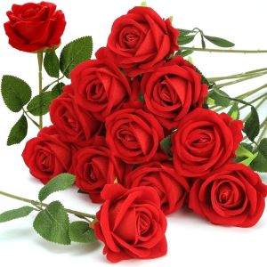 5Pcs Artificial Flowers Bouquet Red Velvet Fake Rose Flower for Wedding Home Table Decoration Christmas Valentines Day Gift