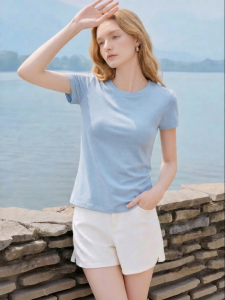Slimming Stylish Women Summer Round Neck Straight Shoulder T-Shirt