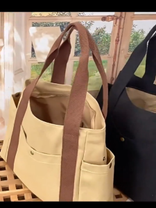 Canvas Bag Durable Large Capacity High Capacity Multi-Pocket Canvas Tote Bag Work Schooling Resistant Handheld Carry Bag