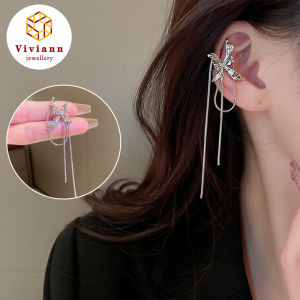 Viviann Original Design 2Pcs Silver Color Butterfly Crystal Tassel Non-Piercing Cuff Ear Clip Earring For Women Shiny Rhinestone Chain Fake Cartilage Piercing Jewelry Earrings