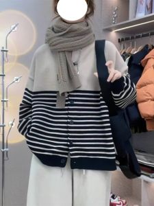 สไตล์เกาหลี หลวม ลายทาง คาร์ดิเกน เสื้อสเวตเตอร์ ผู้หญิง ฤดูใบไม้ผลิ ฤดูใบไม้ร่วง ใหม่ ดีไซน์ Sense เสื้อผ้าถักชุดทํางานคอกลมต่ํา