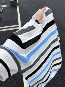 Vintage Stripes Color Block Ventilation Knit Short Sleeve Summer T-Shirt