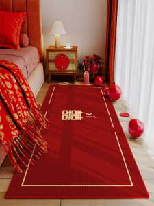 Carpet Red Crystal Velvet Wedding Decorative Bedside Mat Chinese New Style Polyester Fiber Bedroom Carpet Festive Wedding Home Textile