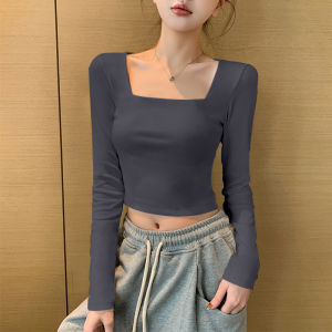White Square Collar Slim Fit Womens T-Shirt Pure Cotton Long Sleeve Short Style Fashionable Base Layer Shirt for Spring Summer