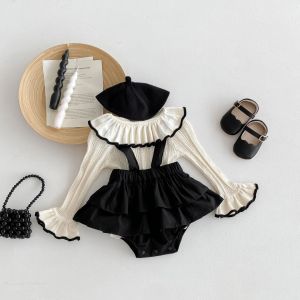 (Set) New Autumn Knitted Baby Girls Peter Pan Collar Overalls Set Baby Sweatshirt Infant Clothes